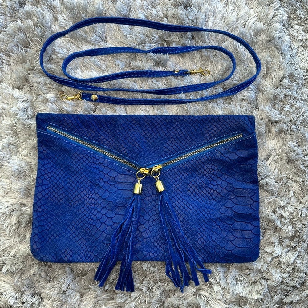 Italian Leather purse bag crossbody clutch fringe blue reptile 7.5 x 11”